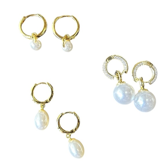 New .925 18K Gold Embellished Round Pearl Drop Hoop Earrings - Picture 5 of 5